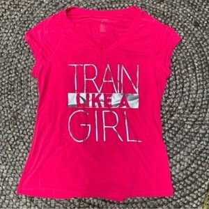 IDEOLOGY Train like a girl hot pink silver graphic V-neck T-shirt